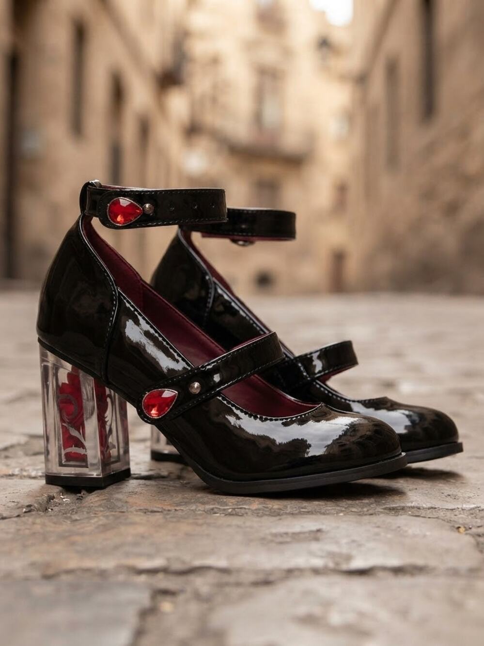 NIB Black Patent Mary Jane Heels Red Gem Strap Chunk Heel Shoes Size 39 / US 8
